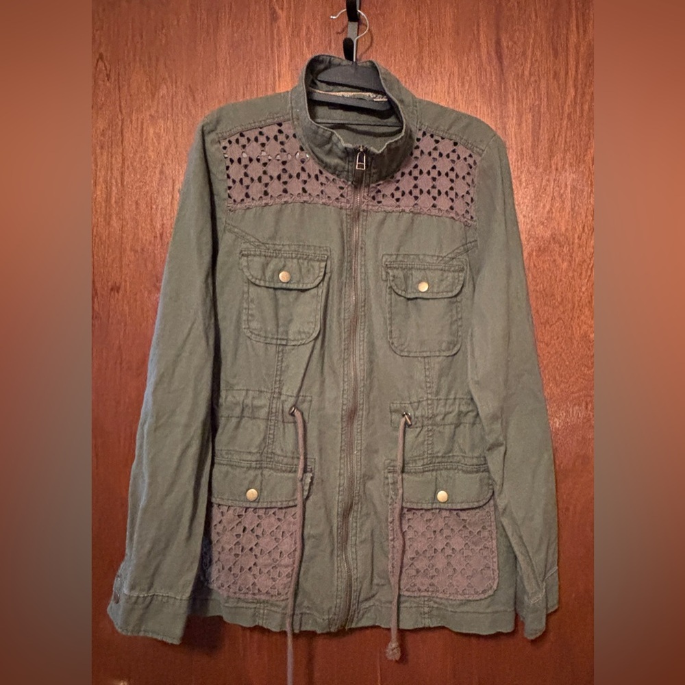 Maurices Olive Green Utility Jacket with openwork Accents size Large adjustable